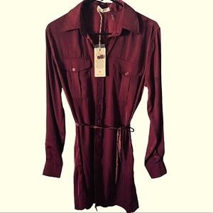 NWT Elan Front-button Red / pockets long- Sleeve Shirt dress Women Small.Lined